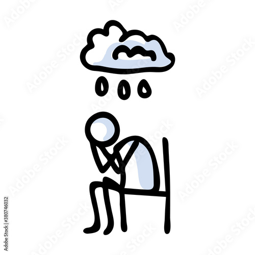 Hand drawn stickman sad crying concept. Simple outline mental health doodle icon clipart. For depression awareness sketch illustration. 