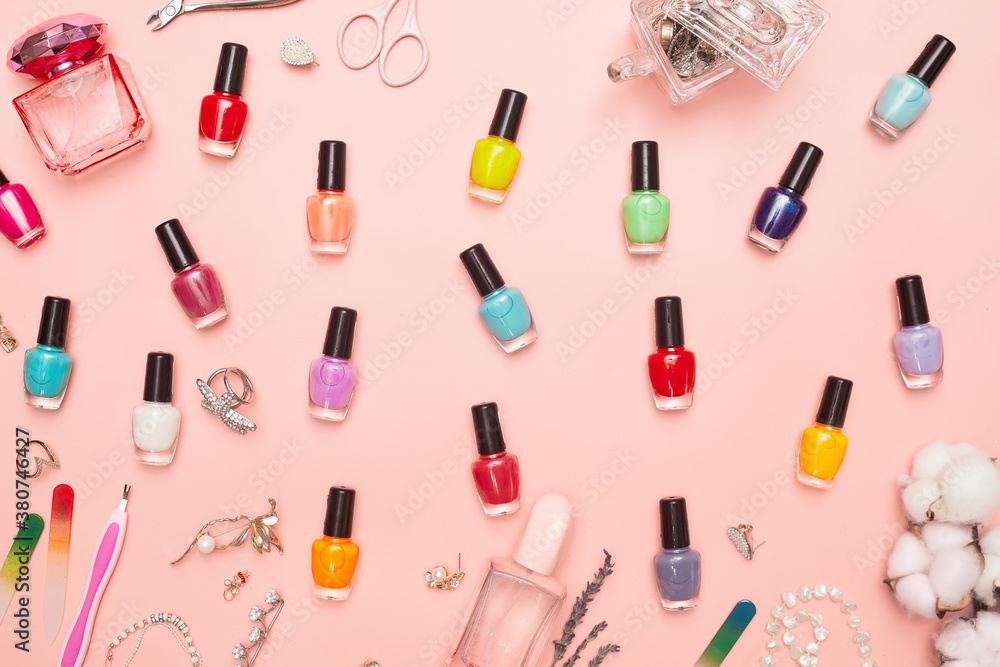 concept, manicure with nail polish, pedicure on pink background, copy space, Flat Lay concept, manicure with nail polish, pedicure on pink background, copy space, Flat Lay
