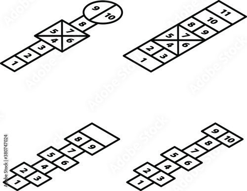A selection of different hopscotch games. In isometric.