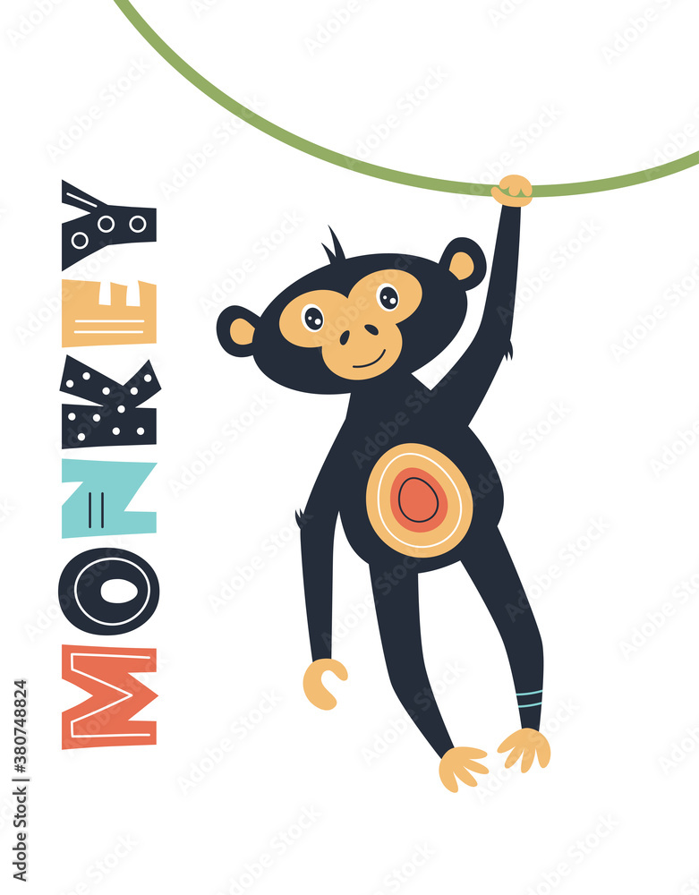 Fototapeta premium card with cute monkey isolated on white