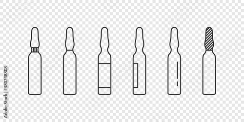 Medical ampoules concept. Linear ampoules icons on transparent background. Vector illustration
