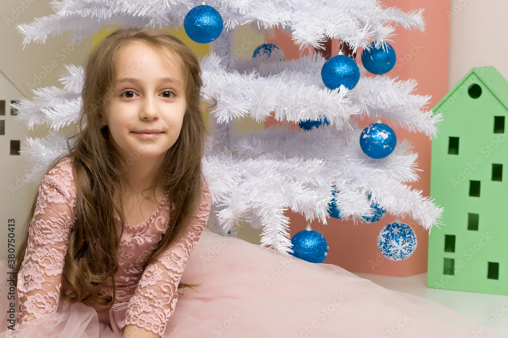 Preteen Girl Posing in Front of Decorated White Christmas Tree Stock ...