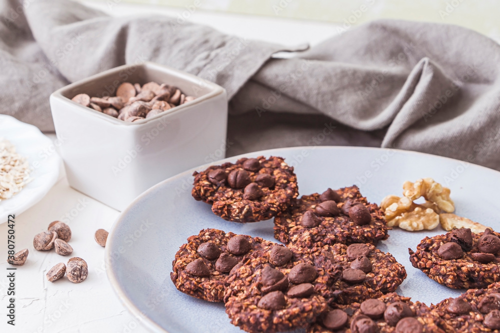Sugarfree freshly baked oatmeal cookies on a ceramic plate Sugarfree freshly baked oatmeal cookies on a ceramic plate