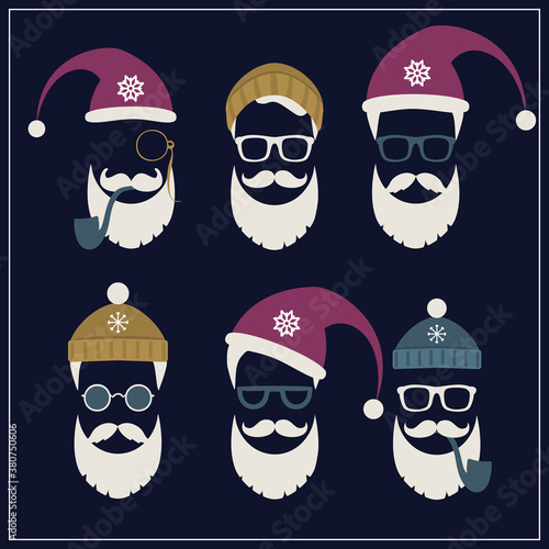 Vector set of faces with Santa hats, mustache and beards. Various doodles Christmas Santa design elements. Holiday icons