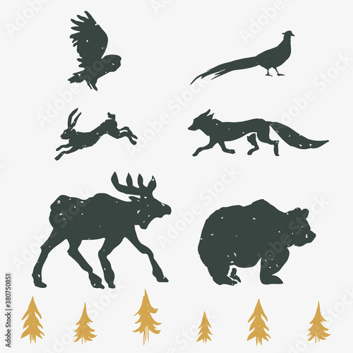 Hand-drawn forest silhouettes animals:elk, fox, hare, bear, owl, pheasant