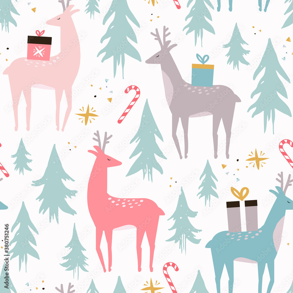 Fototapeta premium Christmas seamless pattern, deer with xmas pine tree doodle. Background for design and decoration textile, covers, package, wrapping paper.