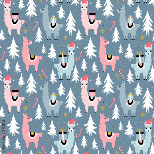 Christmas Llamas Seamless Pattern
