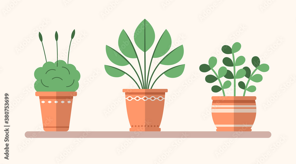 Vector green flat plant in the pot. Simple floral icon with shadow. Cartoon gardening decorative element for design Vector green flat plant in the pot. Simple floral icon with shadow. Cartoon gardening decorative element for design