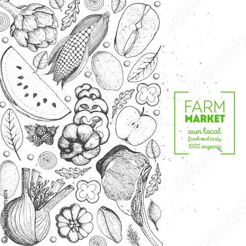 Healthy food frame vector illustration. Vegetables, meat and fish hand drawn. Organic products set. Farm market food collection