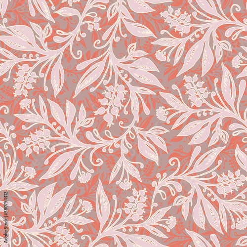 Floral seamless pattern with leaves and berries in coral, chartreuse green, pink, cream and taupe colors, hand-drawn and digitized. Design for wallpaper, textile, fabric, wrapping, background.