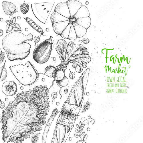 Healthy food frame vector illustration. Vegetables, meat and fish hand drawn. Organic products set. Farm market food collection
