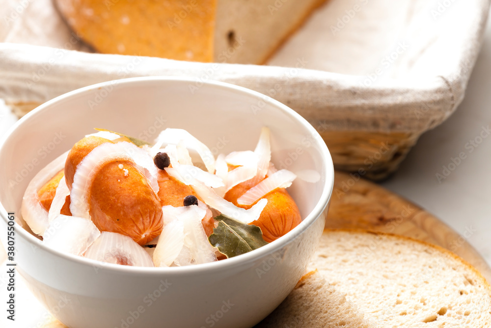 homemade pickled sausages with onion and bread homemade pickled sausages with onion and bread