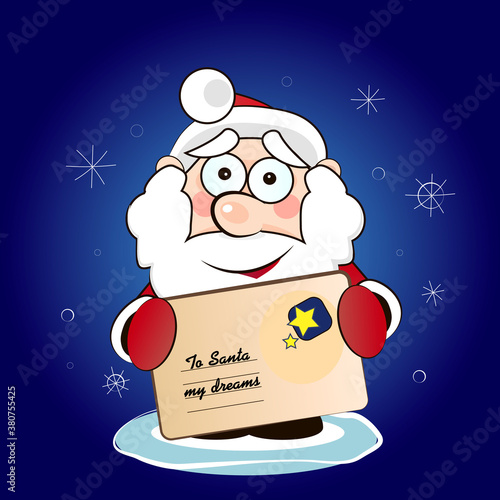 Vector blank for a New Year's card; santa claus wishes a happy new year, santa claus holds a letter, a template for creativity, print, advertising, christmas symbols.