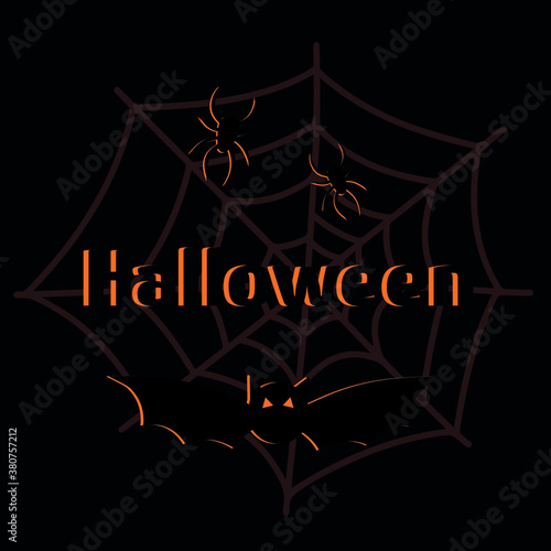 Halloween banner template for social networks with flying bats. Square Halloween banner for ads. Halloween party greeting, invitation card. Creepy postcard with spiders, pumpkin. Vector illustration