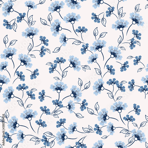 Ditsy pattern. Vector floral seamless texture. Abstract background with simple small blue flowers, leaves. Liberty style wallpapers. Subtle ornament. Elegant repeat design for decor, fabric, print