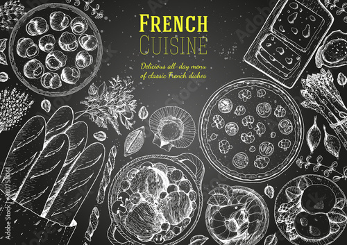 French cuisine top view frame. A set of classic French dishes with beef bourguignon, quiche lorraine, poached eggs, escargot, cheese. Food menu design template. Hand drawn sketch vector illustration.