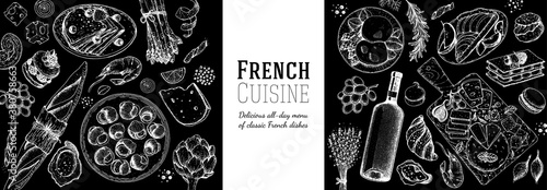 French food top view, Hand drawn. Classic French dishes. Food menu design template. Hand drawn sketch vector illustration. Cheese, wine, bakery, gourmet food.