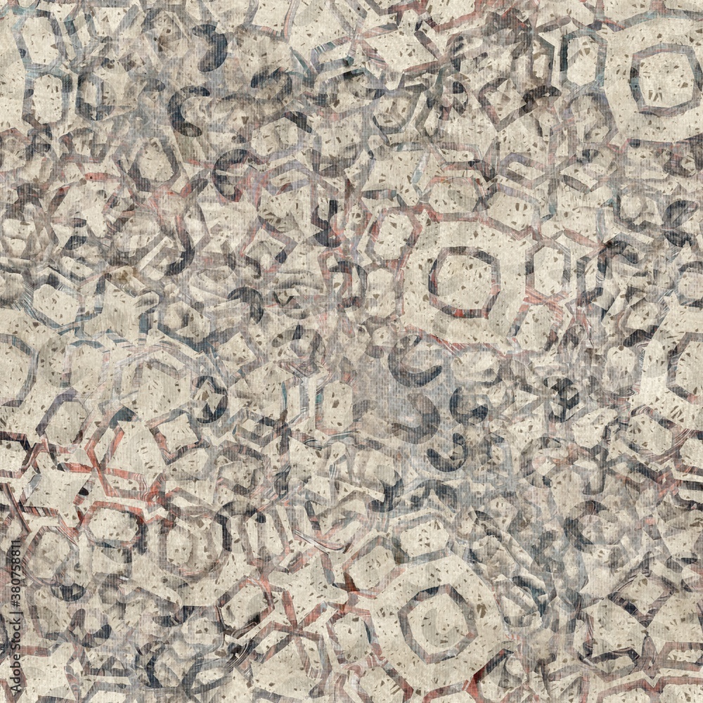 Fototapeta premium Chic formal grungy geometric shapes texture seamless pattern. High quality illustration. Strange abstract geo design in a trendy posh exotic style. Grainy fabric texture overlay.