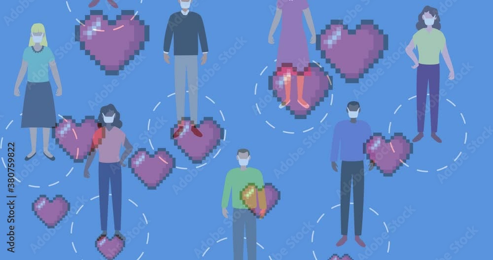Multiple red heart icons against people wearing face masks on blue background Multiple red heart icons against people wearing face masks on blue background