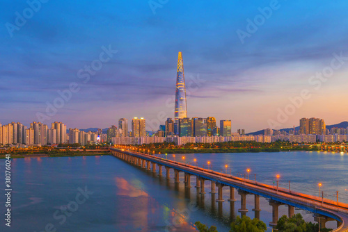 twilight Seou lcity South Korea. Han River and bridge