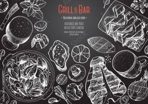 Grill bar menu design template. Grilled meat and vegetables top view frame. Vector illustration. Engraved design. Hand drawn illustration. Pub food poster. Food on the grill