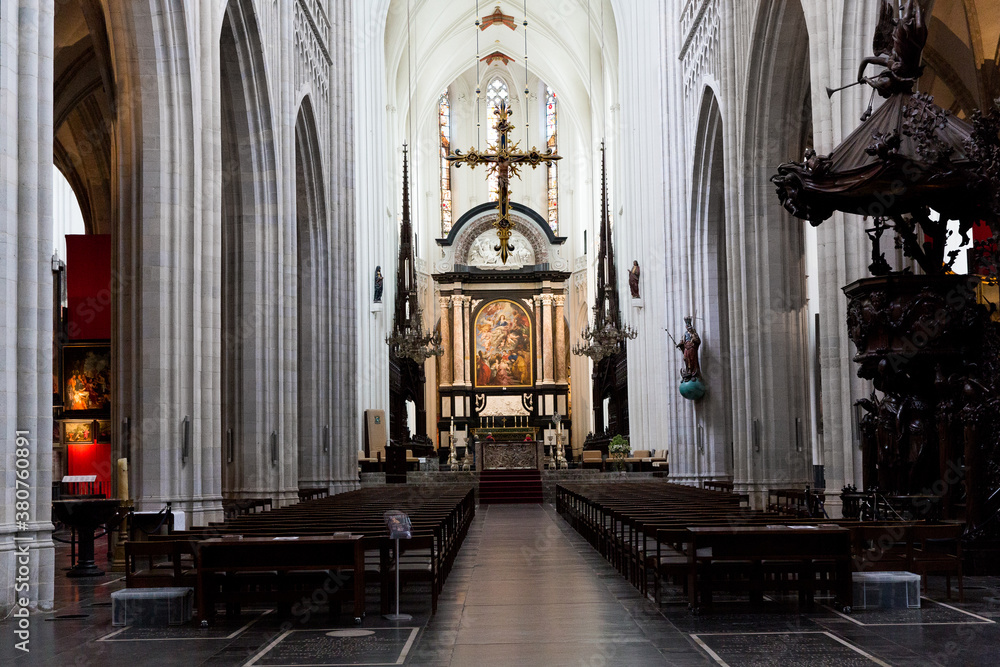 ANTWERP, BELGIUM - October 2, 2019: Interiors, paintings and details of Notre dame d'Anvers cathedral in Antwerp, Flemish region, Belgium ANTWERP, BELGIUM - October 2, 2019: Interiors, paintings and details of Notre dame d'Anvers cathedral in Antwerp, Flemish region, Belgium