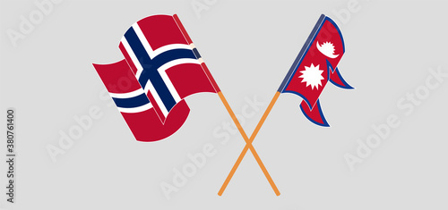 Crossed and waving flags of Nepal and Norway