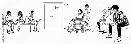 Patients Sitting Waiting Appointment Time at Hospital Illness People wearing protective masks. Sketch Vector illustration black line hand drawn