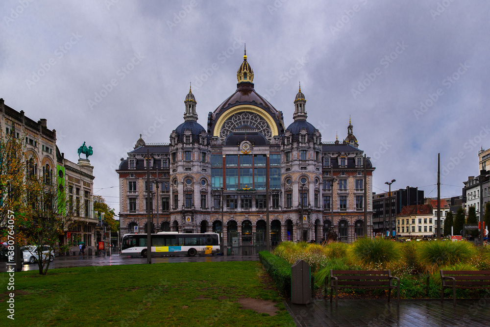 ANTWERP, BELGIUM - October 2, 2019: Main facade of the monumental Central Railway Station in Antwerp (Centraal Station Antwerpen), Belgium.