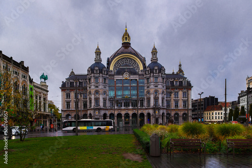 ANTWERP, BELGIUM - October 2, 2019: Main facade of the monumental Central Railway Station in Antwerp (Centraal Station Antwerpen), Belgium.