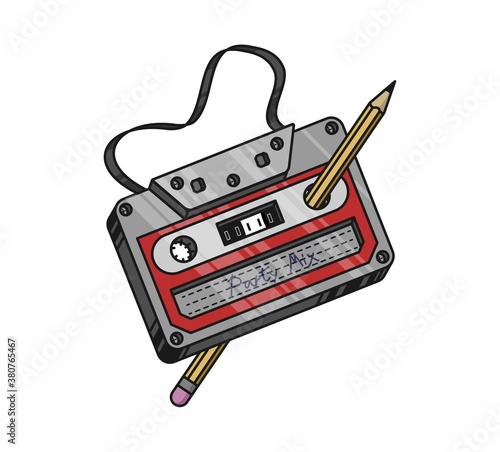 Cassette tape vector illustration. Old-fashioned tape cassette. Sticker with contour. Isolated on white backgroun