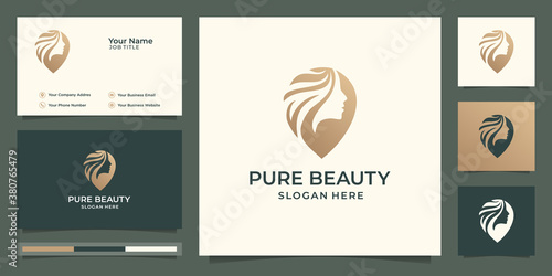 logo Luxury woman hair. spa and salon gold,elegant design, gradient logo and business card design.Premium Vector