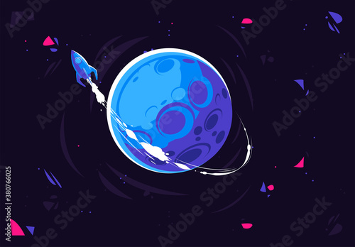 Vector illustration of a flying rocket orbiting a planet, leaving a white trail behind it, space theme