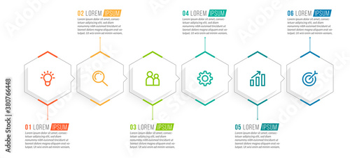Minimal Business Infographics template. Timeline with 6 steps, options and marketing icons .Vector linear infographic with six conected elements. Can be use for presentation.