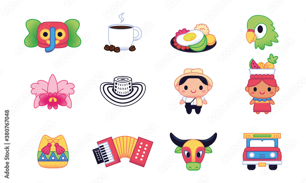 Fototapeta premium Isolated set group colombian objects culture tradition- Vector