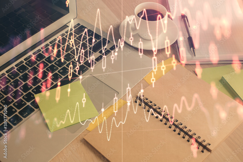 Naklejka premium Multi exposure of forex graph drawing and desktop with coffee and items on table background. Concept of financial market trading