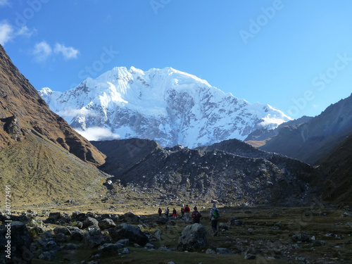Hikers on the Salkantay trek in Peru, with snow capped mountains in the distance © Jen