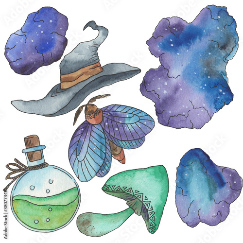 watercolor illustration, set of elements, magic elements, mushrooms, halloween, crystals, isolate on a white background, tattoo