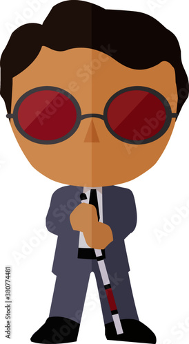 Man wearing suit, red glasses and holding a blind stick