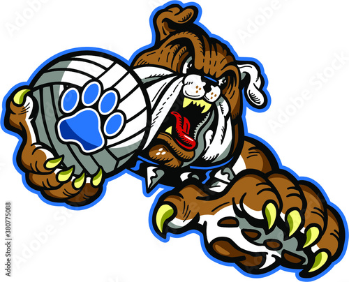 bulldog volleyball team mascot holding ball for school, college or league