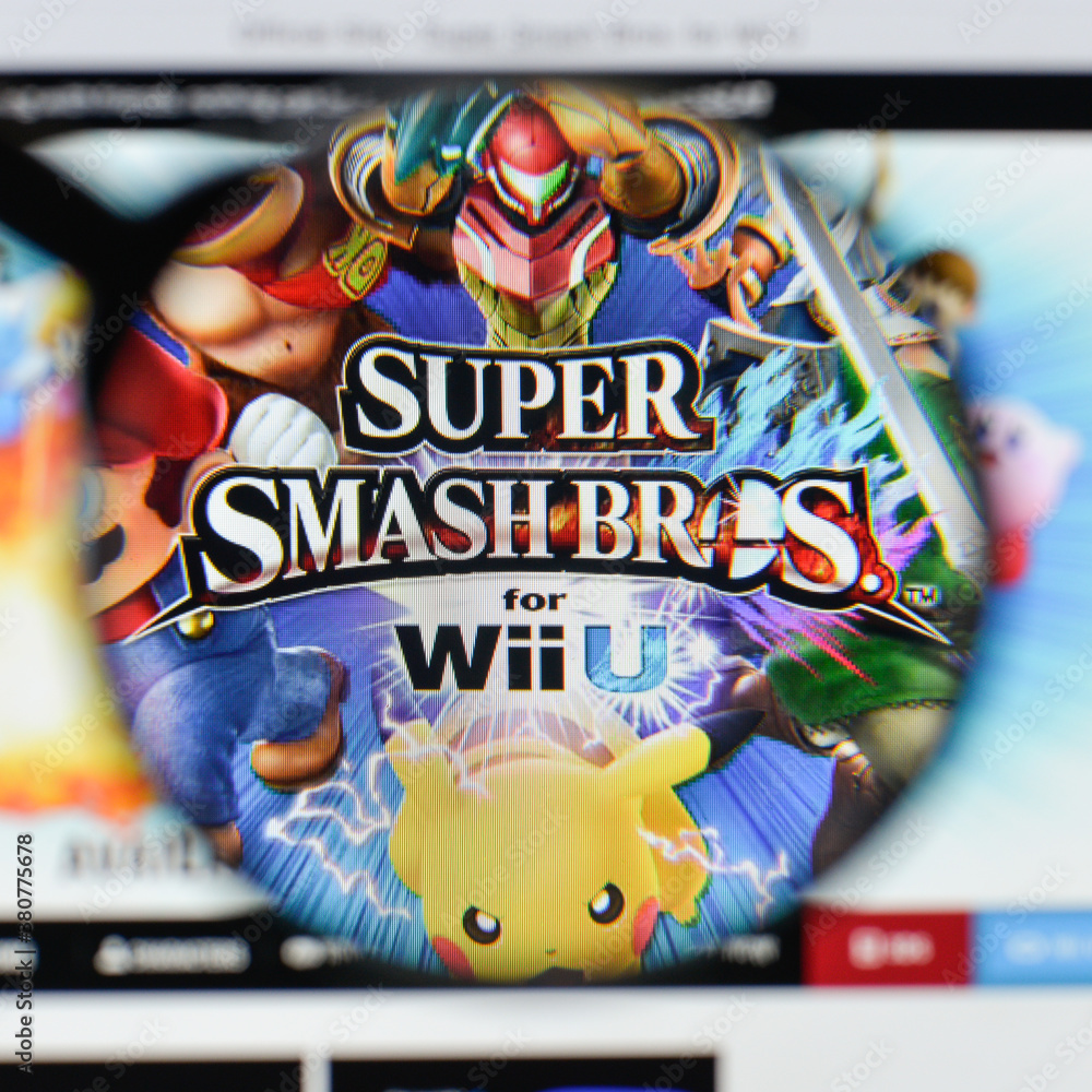 Milan, Italy - August 20, 2018: Super Smash Bros. For Wii U website homepage. Smash Bros. For Wii U logo visible. foto de Stock | Adobe Stock
