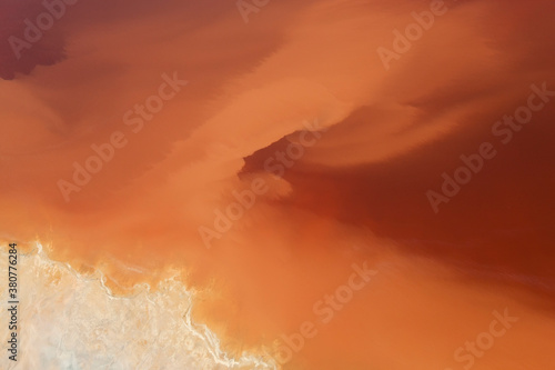 Aerial shot oxidised old mining iron minerals in water Rio Tinto