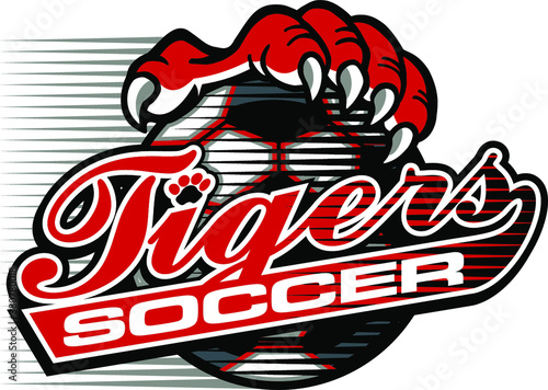 tigers soccer team design in script with claw gripping ball for school, college or league