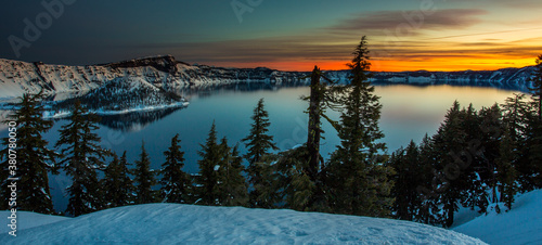 Crater Lake just before sunrise, Crater Lake National Park in winter, Oregon. photo