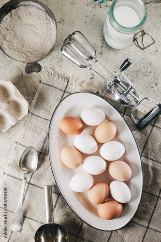 Cake ingredients on counter. photo