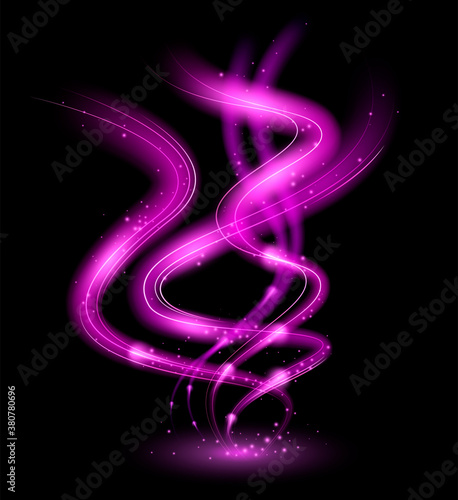 Dinamic purple waves with sparks. Magic isolated light effect on black background