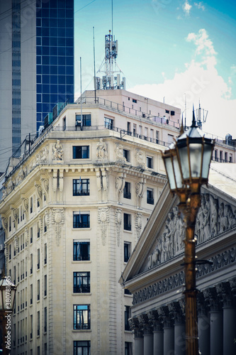Building near Plaza de Mayo and the Metropolitan Cathedral in Buenos Aires with a golden light pole