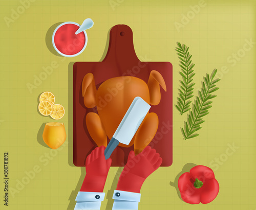 Vector cooking process of chicken on background of kitchen table, bell pepper, rosemary sprigs, tomato sauce, sliced lemon. View from the top. 3D style. It can be used in web design, banners, etc.