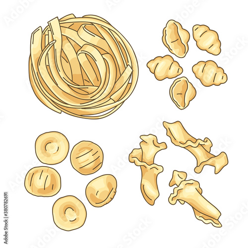 Set of pasta shapes and types: fettuccine, gnocchi shells, orecchiette, and fiorelli. Illustration of Italian cuisine staples. Top view of uncooked pasta. Vector isolated on white background