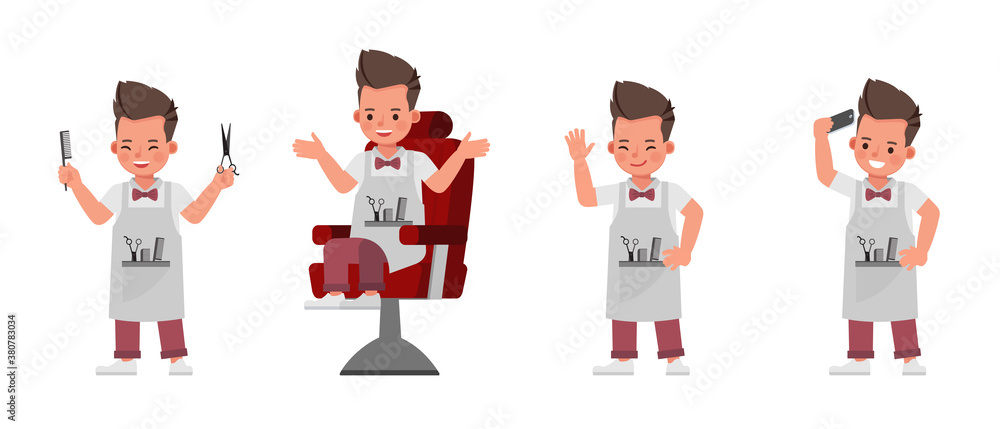 Barber kid character vector design. Presentation in various action with emotions. Barber kid character vector design. Presentation in various action with emotions.